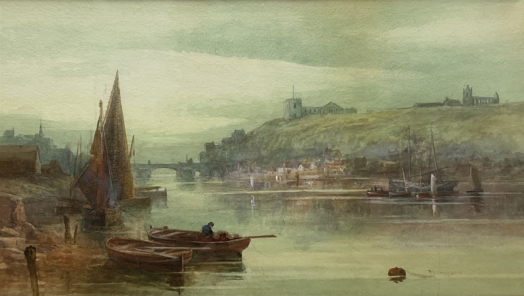 Miss M Freeman Kempson (Scottish exh.1880-1911): Fishing Boats in the Upper Harbour Whitby, watercolour signed 25cm x 44cm