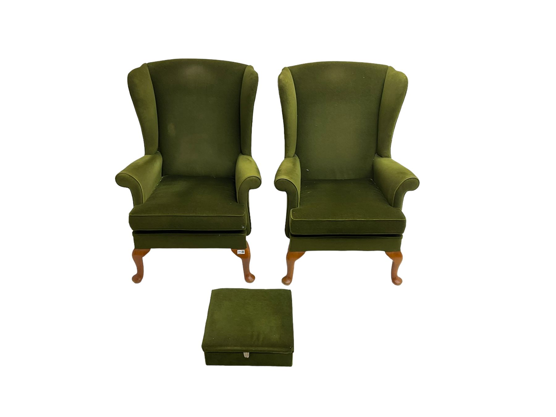 Parker Knoll - pair  vintage 'Penhurst' wingback armchairs, upholstered in olive green fabric on cabriole front supports