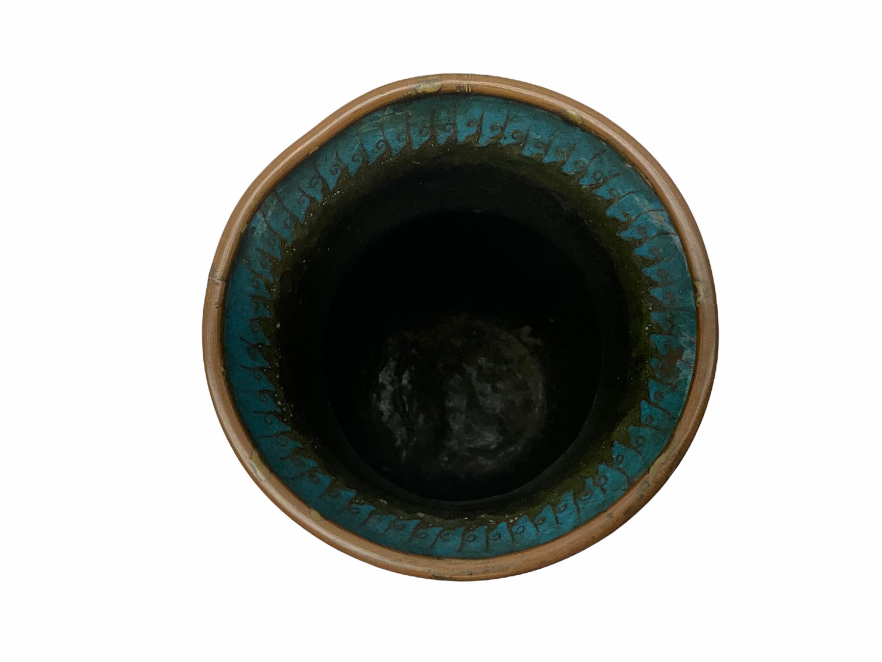 Japanese Cloisonne vase, Meiji/Taisho period, decorated with five haloed figures, possibly the Lucky Gods or Monks, in a landscape detailed with pine trees, lotus flowers and auspicious clouds, beneath a neck with band of fronds, with apocryphal Ming mark beneath, H31cm