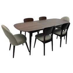 Bentley Designs - Premier collection 'Oslo' contemporary walnut extending dining table and six chairs upholstered in steel grey fabric. 