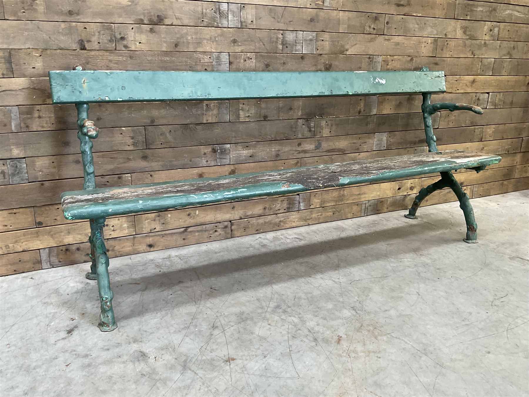 Early 20th century cast iron framed faux bois garden bench, timber seat and back rest