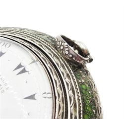George III silver and gilt metal triple cased verge fusee pocket watch, for the Turkish market by Markwick Markham Borrell, London, No. 23209, ornate classical design pillars, pierced and engraved foliate balance cock, white enamel dial with Turkish numerals, bull's eye glass, the silver cases by James Richards, London 1804, the silver and gilt outer case decorated with green shagreen