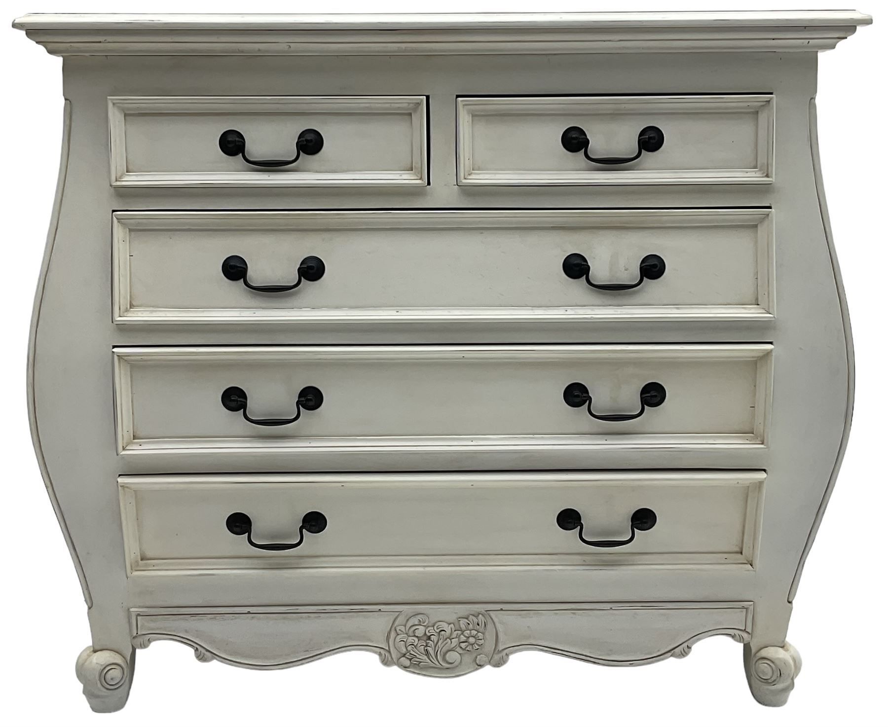 French design bombe shaped chest, moulded rectangular top over two short and three long drawers, on scrolled feet, in cream paint finish 