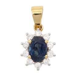 18ct gold oval cut sapphire and round brilliant cut diamond cluster pendant, sapphire approx 1.15 carat