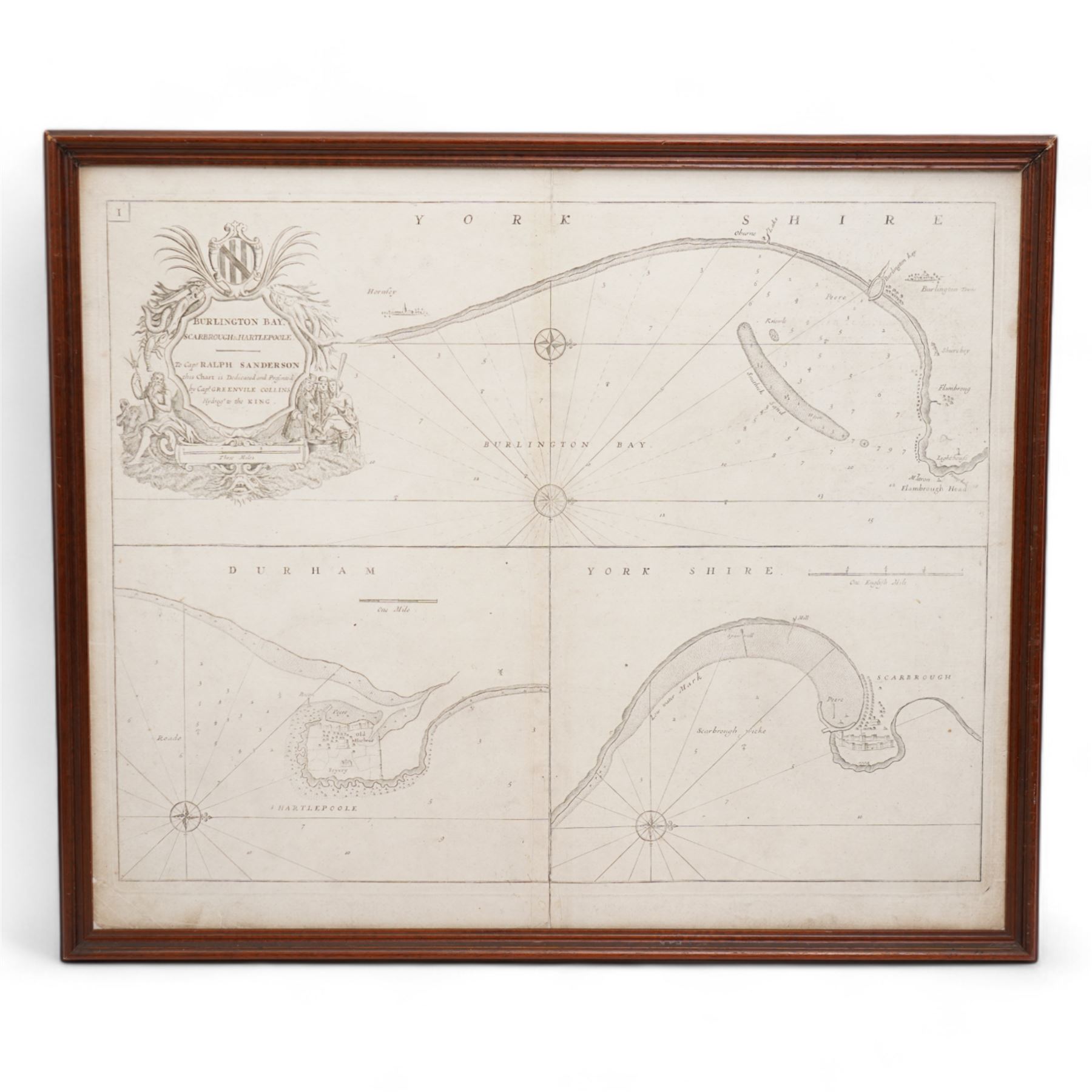 Capt. Greenvile Collins (British 1643-1694): 'Burlington Bay Scarbrough & Hartlepoole', 17th century engraved sea chart or map dedicated to Captain Ralph Sanderson 50cm x 60cm