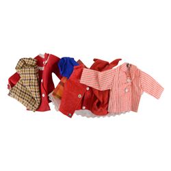 1963/4 Pedigree Sindy doll, with brunette hair, red pursed lips and blue eyes, stamped Made in England to back of head, dressed in Sindy Lunch Date outfit, with a collection of mostly Pedigree Sindy clothes and other accessories