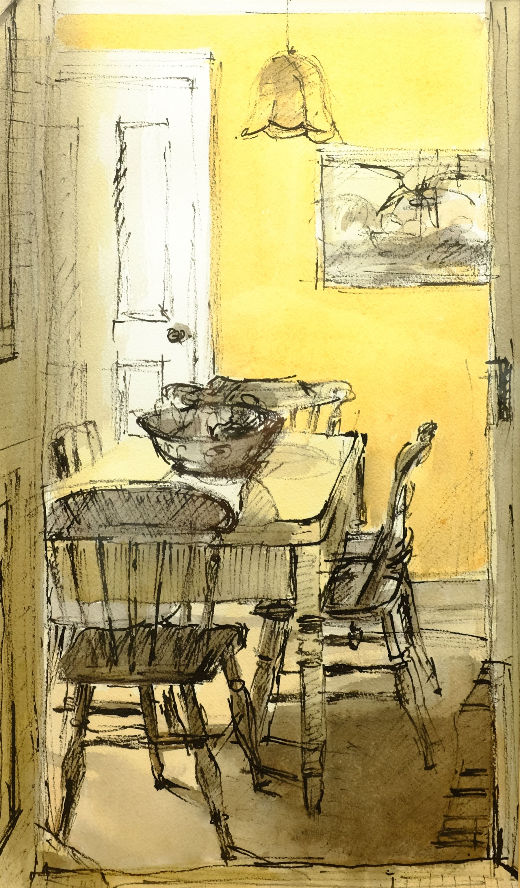 Barry E Carter (Northern British 20th century): 'Interior', watercolour and ink signed with initials, titled on artist's Humberside address label verso 47cm x 27cm