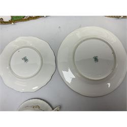 Coalport green batwing pattern tea wares, decorated with finely enamelled floral sprays within gilt reserves, comprising teacup trio, twin handled cake plate and side plate, pattern no Y2665, together with a Coalport for Harrods cup and saucer similarly decorated, the saucer with stamped mark beneath 'Manufactured for Harrods Ltd, Brompton Rd London', all with green Coalport AD 1750 marks beneath, largest W31cm (7)