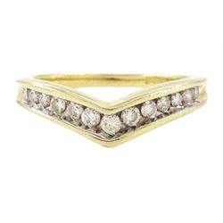 9ct gold diamond wishbone ring, channel set with thirteen round brilliant cut diamonds, hallmarked