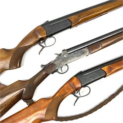 Three 12-bore single barrel sporting guns - Russian Baikal with 72.5cm barrel and underlever opening, serial no.Y17440, L114cm overall; Russian Baikal with 72.5cm barrel and underlever opening, serial no.A23484 L114cm overall; and Spanish with 76.5cm barrel and top lever opening, serial no.38996MU L118.5cm overall (3) SHOTGUN CERTIFICATE REQUIRED