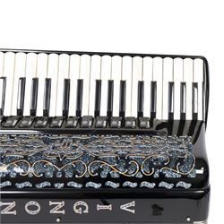 Vignoni Philharmonic II basso piano accordion, with 41 keys, possibly a custom model,  the black high gloss case with carrying strap and in fitted case with grey faux fur interior