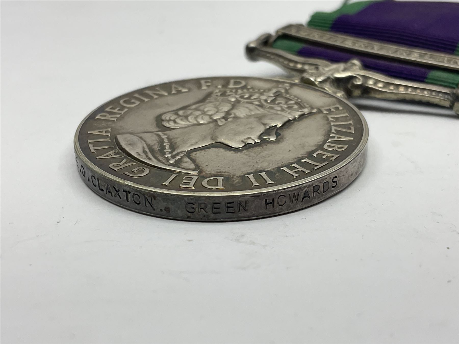 Elizabeth II General Service Medal with Northern Ireland clasp awarded to 24081995 Pte. D. Claxton Green Howards; with ribbon