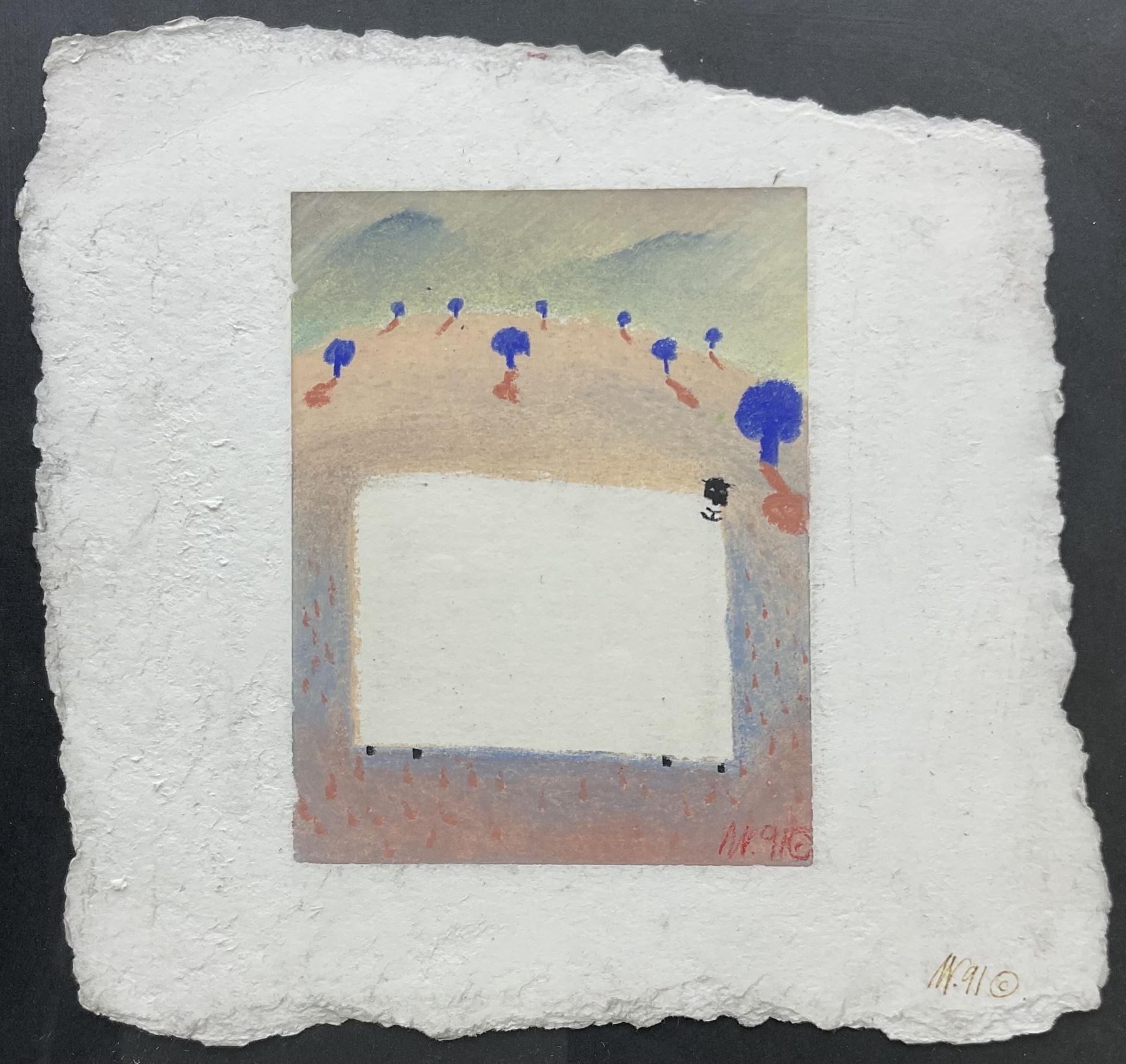 Mackenzie Thorpe (British 1956-): Sheep, pastel on handmade paper signed with monogram and dated '91, 19cm x 19cm 
Provenance: the vendor's father attended Thorpe's art school in Richmond and the two became firm friends; this painting was a gift from Thorpe to the former when he moved away from the area.