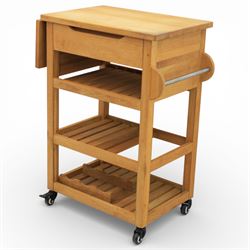 Modern oak butchers block, drop leaf end with towel rail to the other side, above three tiers raised on plastic castors 