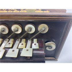 19th Century inlaid rosewood Flutina accordion, stamped Busson of Paris, having sixteen mother of pearl keys and six fold floral decorated bellows L30cm; in baize lined mahogany box