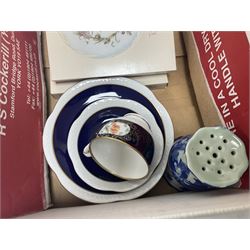 Echt Kobalt tea wares, comprising of tea cup, saucer and dessert plate, together with two Hutschenreuther plates of the month, another similar plate and a Ironstone hatpin holder, 'Gateway to the Moors North Yorkshire' oval oil on board signed by Valerie Barnaby, framed needlework, Leonardo Collection figure group, dressing table set, lamps etc in two boxes