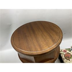 Oak sewing stool on a pedestal base with a hinged lid and compartmented interior, together with an upholstered footstool and wooden tapestry stand, sewing stool H46cm 
