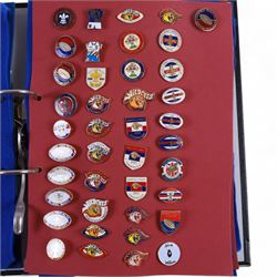 Rugby league enamel badge collection, from Swinton Lions, Wakefield Trinity, Warrington Wolves, Whitehaven, Widnes Vikings, Wigan Warriors, Workington Town and York City Knights, including Wigan Wembley and Cup Winners examples, housed in two folders, (approximately 300)