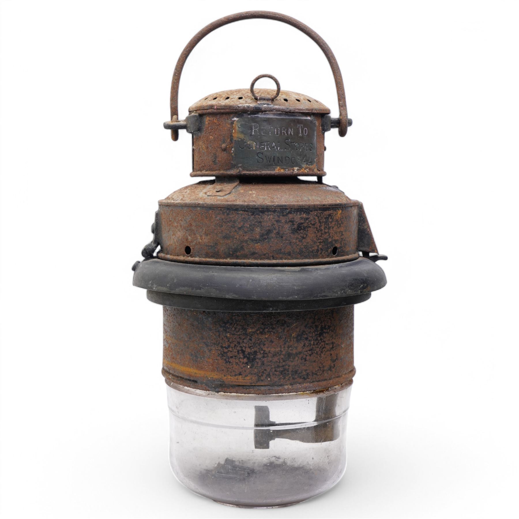 Pair of Great Western railway carriage pot lamps with original glass shades, stamped 'Return to General Stores Swindon' numbered 44 and 119 H41cm