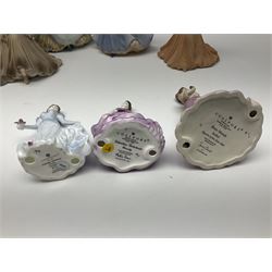 Eight Coalport figures of ladies, comprising five Age of Elegance examples to include Richmond Park, Summer Saunter and Touch of Spring, together with Beau Monde Isobel 1998, Valentine Debutante Eternity and Devotion