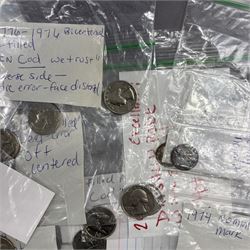 Collection of United States of America coins, 1965 onwards, principally quarter dollars, many with alleged minting errors as annotated on labels