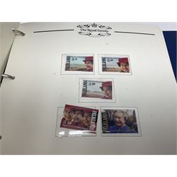 Commemorative stamps mostly relating to the Royal Family and Royal events, including Grenadines of St Vincent, Cayman Islands, Sierra Leone etc, housed in five 'The Royal Family' ring binder albums