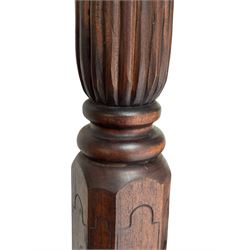 Georgian design Indian sheesham hardwood framed four poster bed, lattice slats to the top supported by reeded cylindrical and octagonal column uprights, the pierced stepped headboard carved with floral motifs, with associated mattress