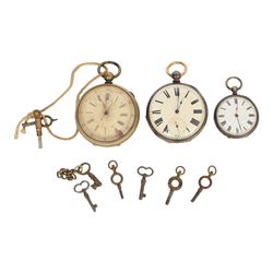 Three pocket watches, comprising silver open faced example, silver fob watch and a brass o...