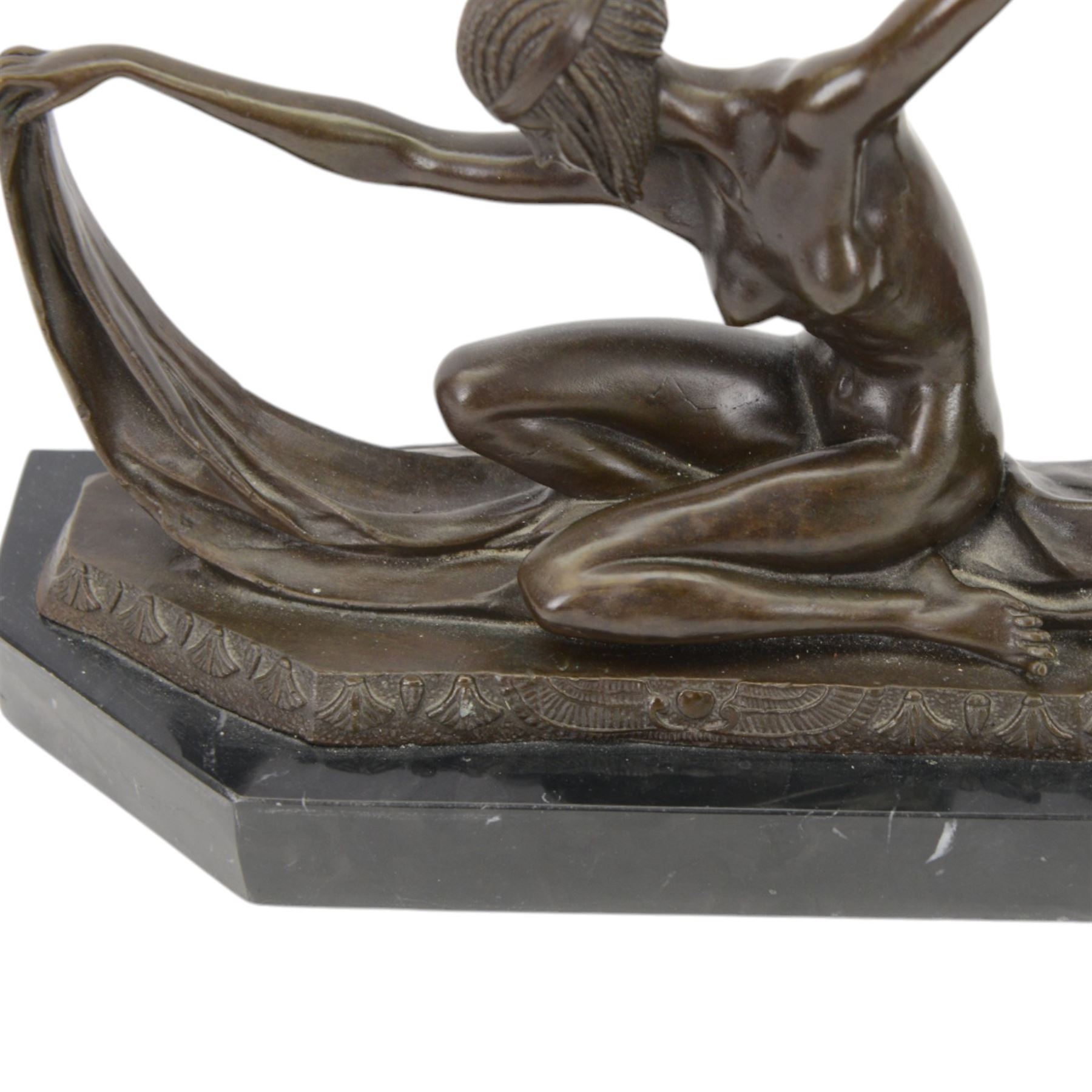 Art Deco style bronze figure of an Egyptian female after Claude Mirval, with signature to base, upon a black marble plinth, H23cm
