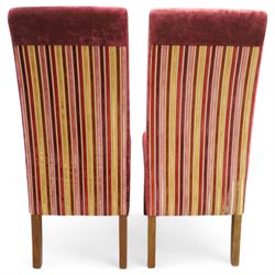 Willis & Gambier - mahogany extending dining table, rectangular top with rounded corners on cabriole legs, with two 35cm extension leaves, four Willis & Gambier upholstered high back chairs and four mahogany chairs, upholstered in a stripped multi-coloured velvet fabric, with scroll-shaped top rail, lyre-shaped back splat on cabriole legs, chairs W46xD91x97cm (11) 