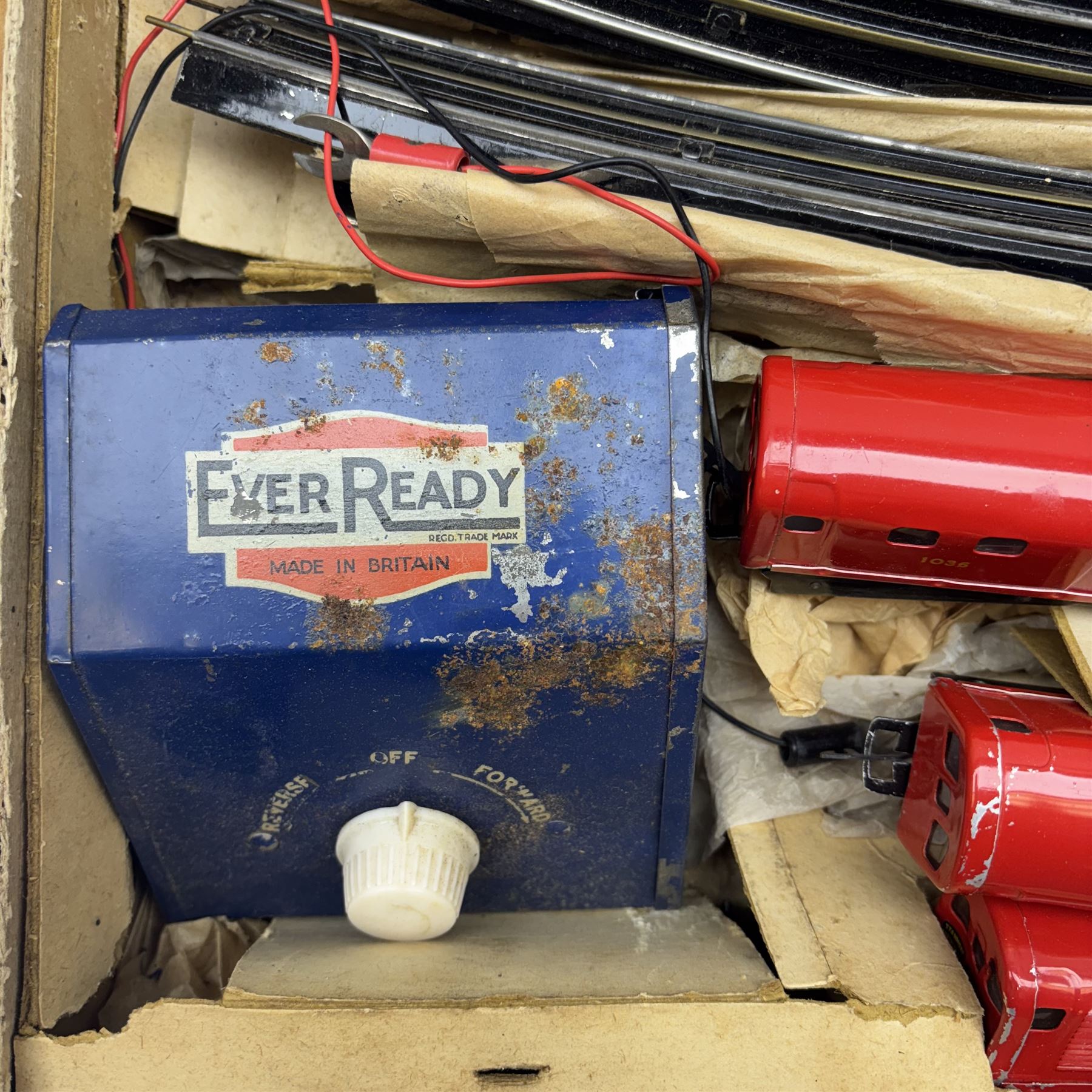 Ever Ready '00' gauge battery operated London Underground electric train set, including London Transport 3-rail power car, two passenger coaches, track and controller, in original box with operating instructions inside lid