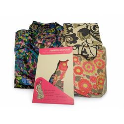 Two 1960s paper dresses and a bright patterned velvet skirt