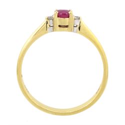 18ct gold three stone oval cut ruby and round brilliant cut diamond ring, stamped 750, ruby approx 0.30 carat