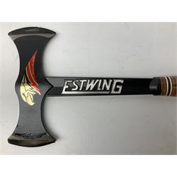 Estwing Black Eagle style double bit throwing axe with leather grip, virtually mint with labels present, plastic blade protectors and nylon sheath L43cm; another smaller Estwing axe stamped 24A to the pommel, with leather grip and sheath; and a vintage short handled hedge knife, the blade stamped IH (?) No.2 (3)