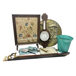 Tapestry fire screen, together with walking sticks, barometer, brass charger etc 