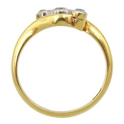 Early 20th century gold milgrain set three stone old cut diamond ring, stamped 18ct, total diamond weight approx 0.50 carat