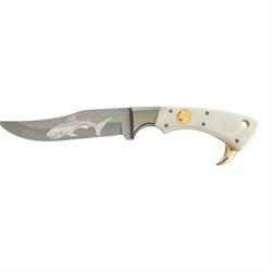 Franklin Mint knives, comprising Red Fox Knife, Great White Shark Knife and The Gold Rush Bowie Knife, in display case with certificates