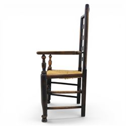Set of seven (6+1) Georgian design country elm Lancashire dining chairs, ladder backs with rush seats, turned front leg stretcher on pad feet, height of seat 44cm, complete with fitted tie on cushions