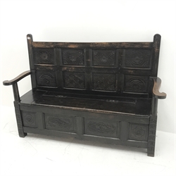 18th century carved oak settle bench,  raised panel back, single hinged seat lid, square supports, W166cm
