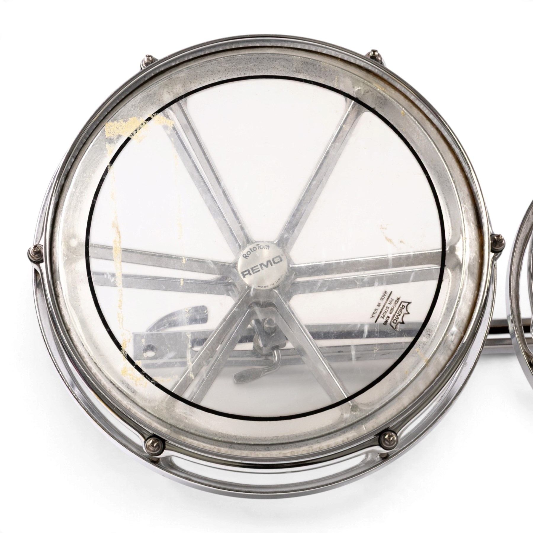 Set of four Remo Roto Toms, with Weather King CS batter heads and chrome tension frames, contained within a fitted carrying case