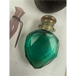 Faceted green glass scent bottle with brass cover, other scent bottles, pair of lorgnettes, Spode thimble, glass posy holder, etc 