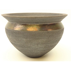  Raku fired jardiniere with flared rim, with metallic band and crackle glaze interior, impressed monogram, attributed to John Wood, D28cm   