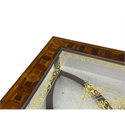 Jonathan Charles - large mahogany coffee table, the square oyster veneered top with verre églomisé inset, the glass hand-painted with gilt scrolling foliate patterns, raised on spiral turned supports with acanthus and gadroon carvings, united by interlocking demi-lune stretchers, on scrolled acanthus feet