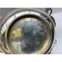 Twin handled silver plated bowl retailed by Harrods, together with two 19th century coffee pots, pewter milk jug and other metalware   