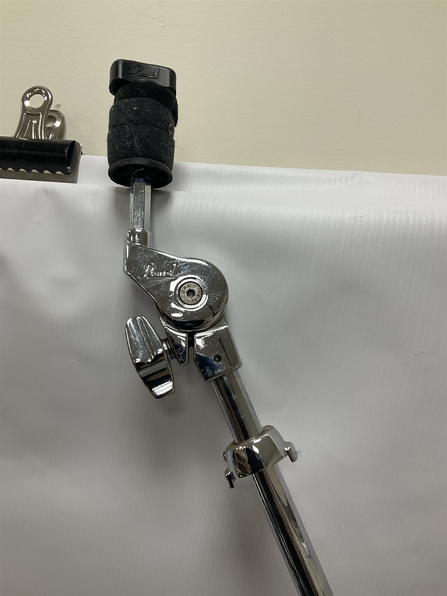 Pearl Vision SST Birch Ply shell four-piece drum kit in black comprising bass drum with foot pedal and three graduated toms; together with Pearl Custom Alloy Sensitone steel snare drum, drum and cymbal stands, microphone stand, stool and various drum sticks 