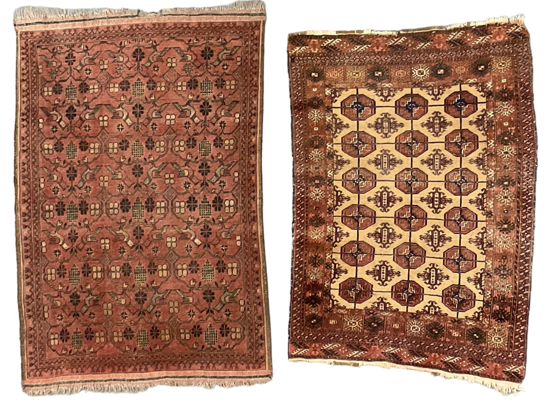 Old Afghan red ground rug, decorated with repeating bird motifs, the guarded border with candelabra pattern (150cm x 104cm); and antique Afghan burnt orange ground rug, field decorated with octagonal lozenges, repeating geometric border (134cm x 95cm) (2)