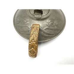 Archibald Knox for Liberty & Co Tudric pewter three piece tea service, comprising teapot with woven reed handle, single handled open sucrier, and milk jug, each with planished finish and detailed with honesty flowers, each impressed beneath Made in England Tudri Pewter 0231 