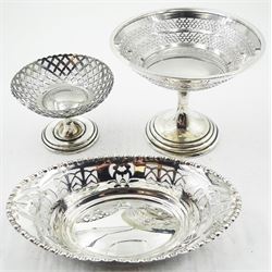 20th century silver pedestal bon bon dish, the circular bowl with pierced sides upon a circular stepped pedestal foot, hallmarked S Blanckensee & Son Ltd, Chester, date letter worn and indistinct, H10cm, together with a further smaller early 20th century silver example, hallmarked Walker & Hall, Sheffield 1912, H6.5cm, and a dish of oval form with beaded rim above pierced sides, hallmarked James Deakin & Sons, Sheffield 1931, W17cm, approximate total weight 9.15 ozt (284.7 grams)