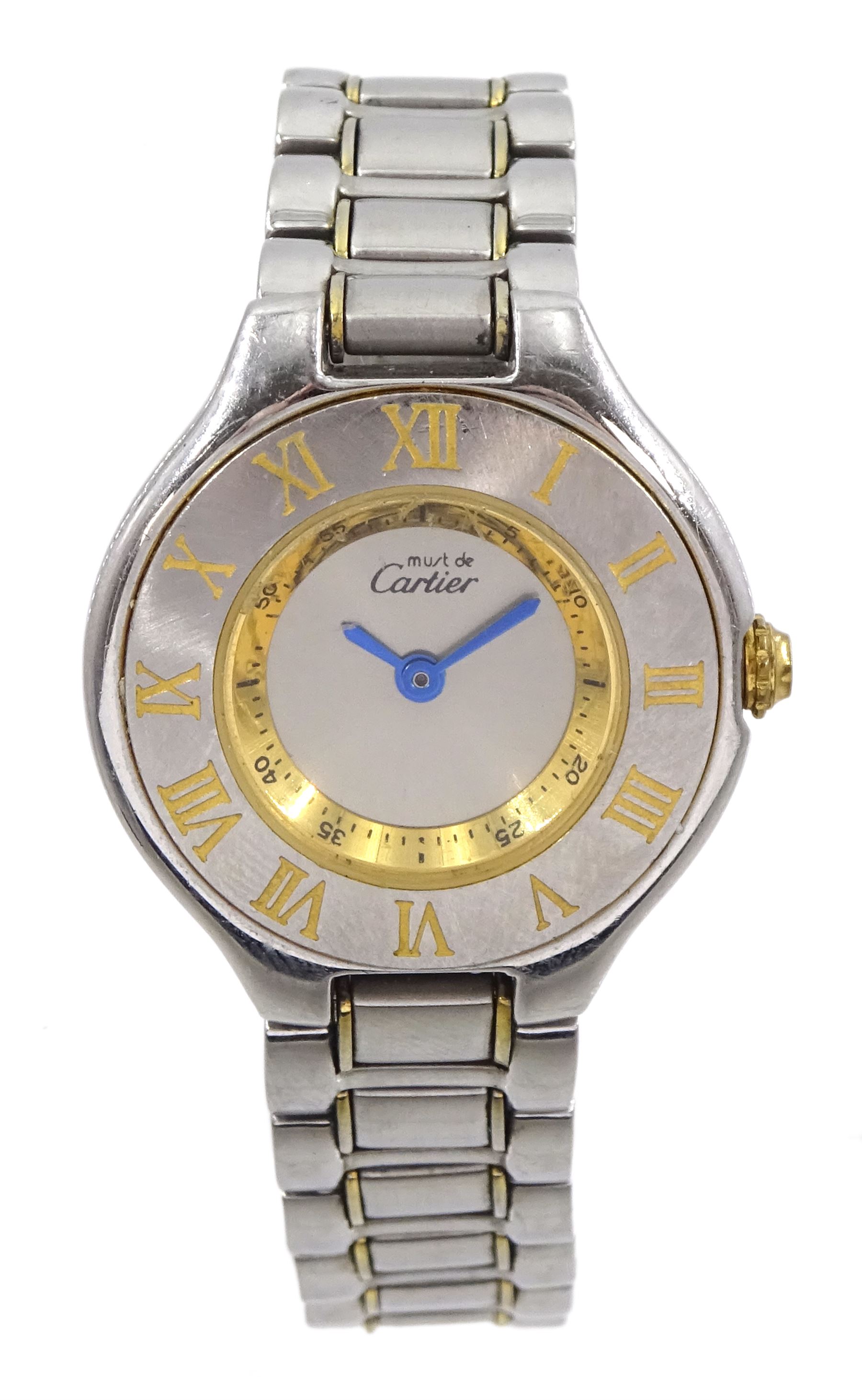 Must De Cartier 21 ladies bi-metal stainless steel quartz wristwatch, Ref. 1340, silvered dial with an inner minute track and Roman numeral bezel, on integrated bi-metal bracelet