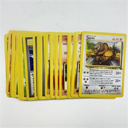 Collection of vintage English and French language Pokemon TCG trading cards, approximately eighty English cards housed in Pokemon file, including Base Set, Base Set 2, Team Rocket, Neo Discovery, Jungle and Fossil examples, with thirteen holos including Charizard 4/102, Dark Blastoise 3/82, Ninetales 12/102, Mewtwo 10/102, and First Edition Machamp 81/102, approximately two hundred French language cards, many first editions, including four first edition holos, Roucarnage 8/64, Nidoqueen 7/64, Melodelfe 1/64 and Mackogneur 8/102, all loose, together with a Funfax Pokemon Collectors File